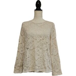 Elie Tahari Ivory Lace Crochet Paisley Sheer Long Sleeve Top Size M